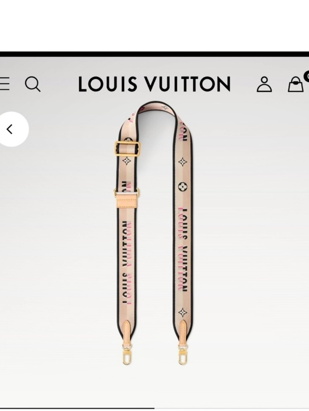 Authentic Louis Vuitton Adjustable Beige Canvas Strap with Pink and Black Logo